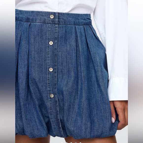 GAP Denim Chambray Bubble Mini Skirt Women’s Medium Indigo Pleated Button Front - Picture 4 of 14